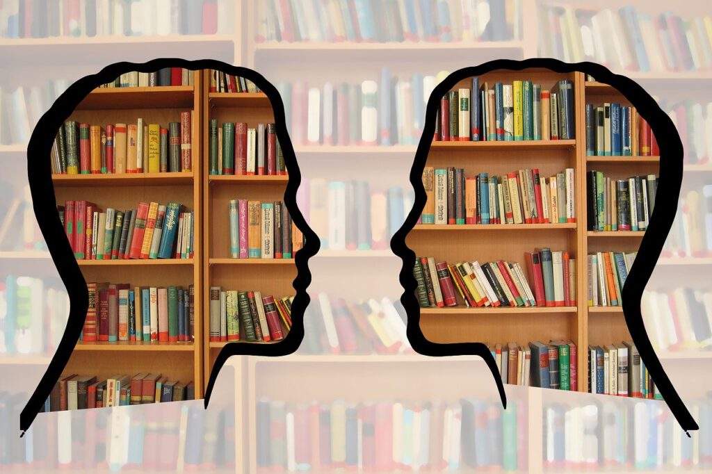 silhouette, head, bookshelf