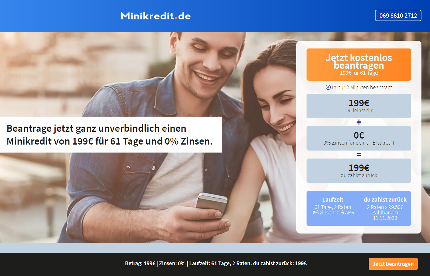 Minikredit.de 199 € 61 Tage 0% Zins | Online-Kredit24.com